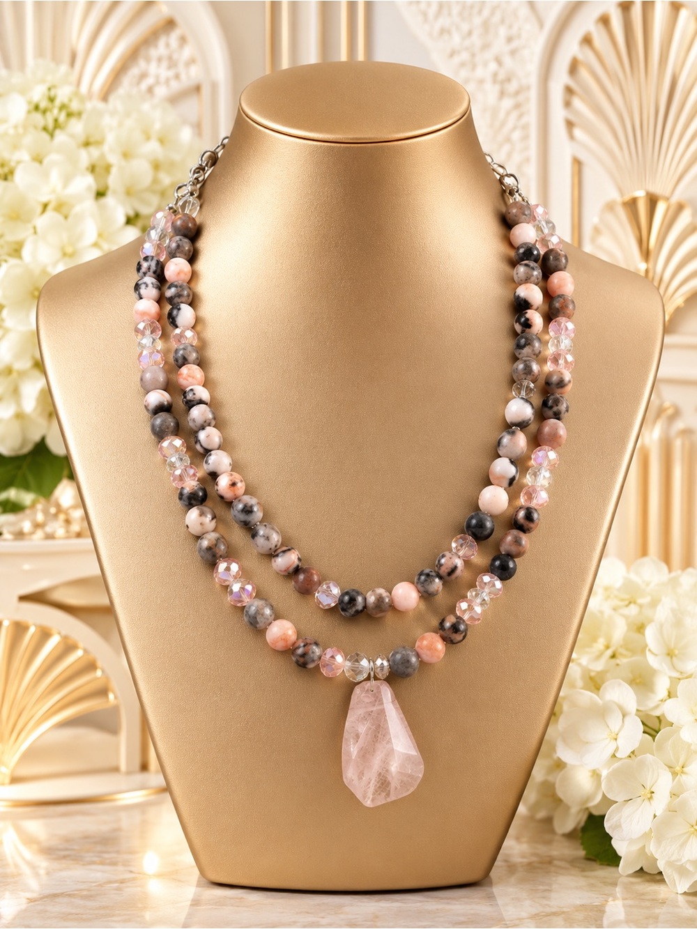 🆕Rose Quartz Pendant Double-Strand Pink Zebra Jasper Necklace - Pink Gray